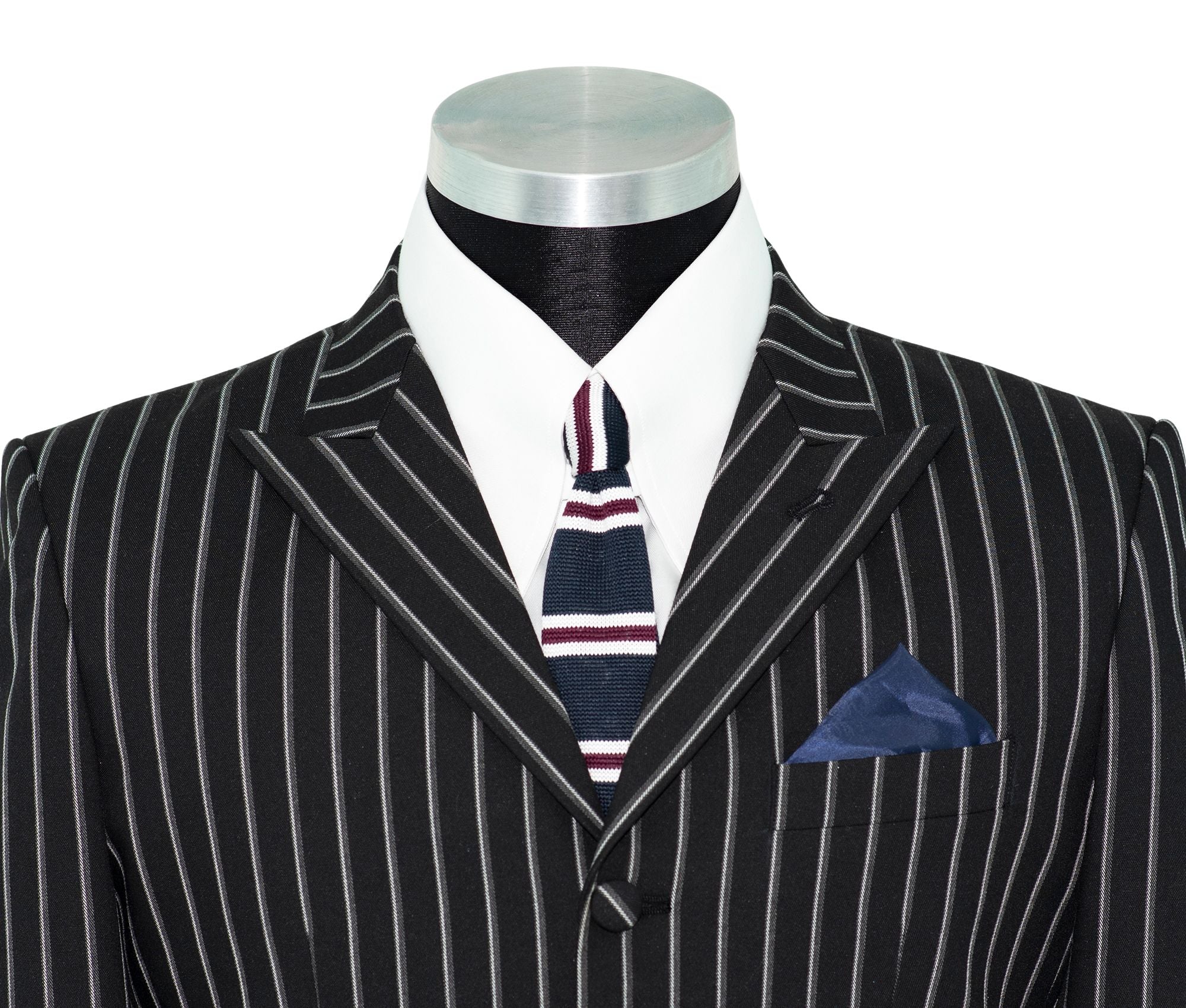 Weller White-Grey Stripe in Black Peak Lapel 4 Button Mod Suit