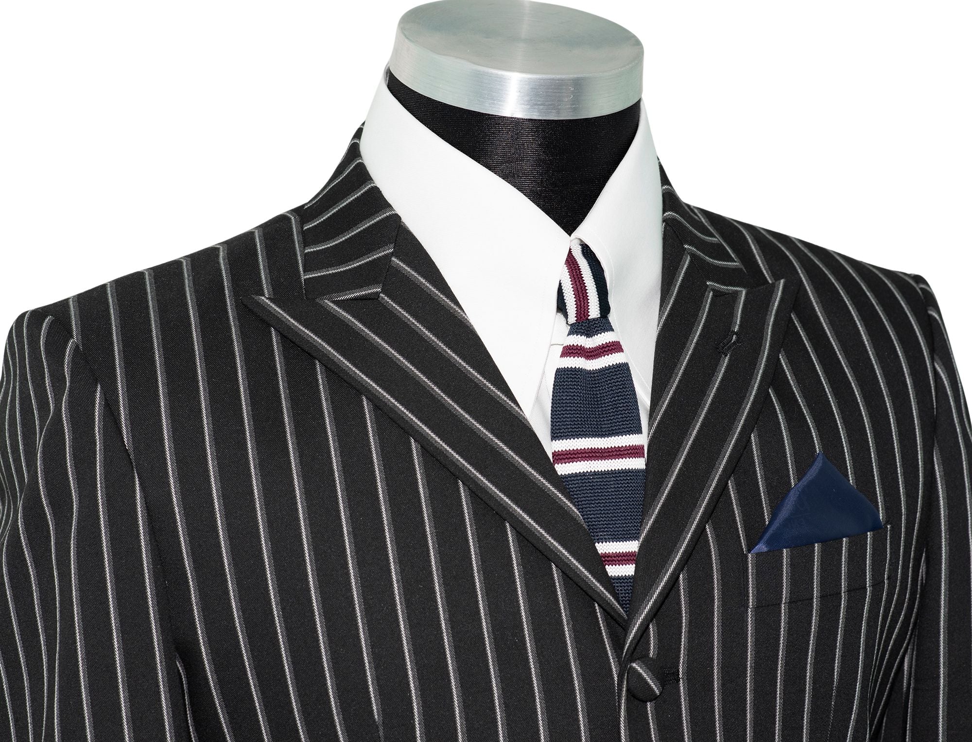 Weller White-Grey Stripe in Black Peak Lapel 4 Button Mod Suit