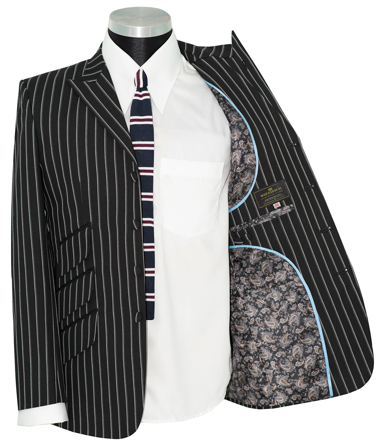 Weller White-Grey Stripe in Black Peak Lapel 4 Button Mod Suit