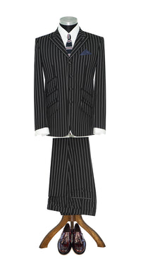 Weller White-Grey Stripe in Black Peak Lapel 4 Button Mod Suit
