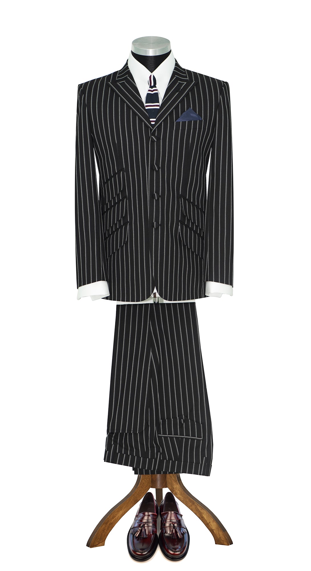 Weller White-Grey Stripe in Black Peak Lapel 4 Button Mod Suit