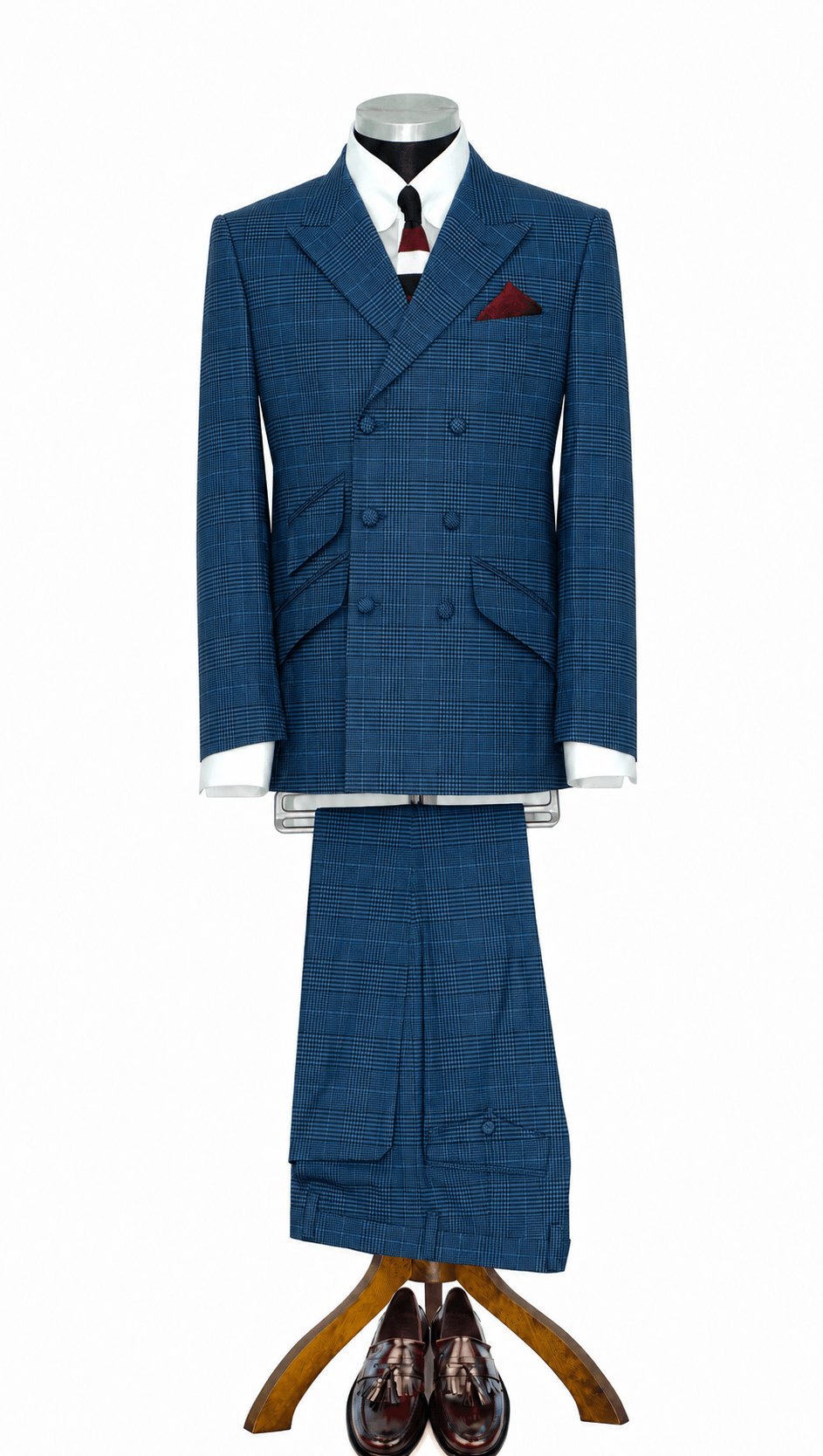 George Harrison Teal blue Prince of Wales check Men's Double Breasted Mod Suit