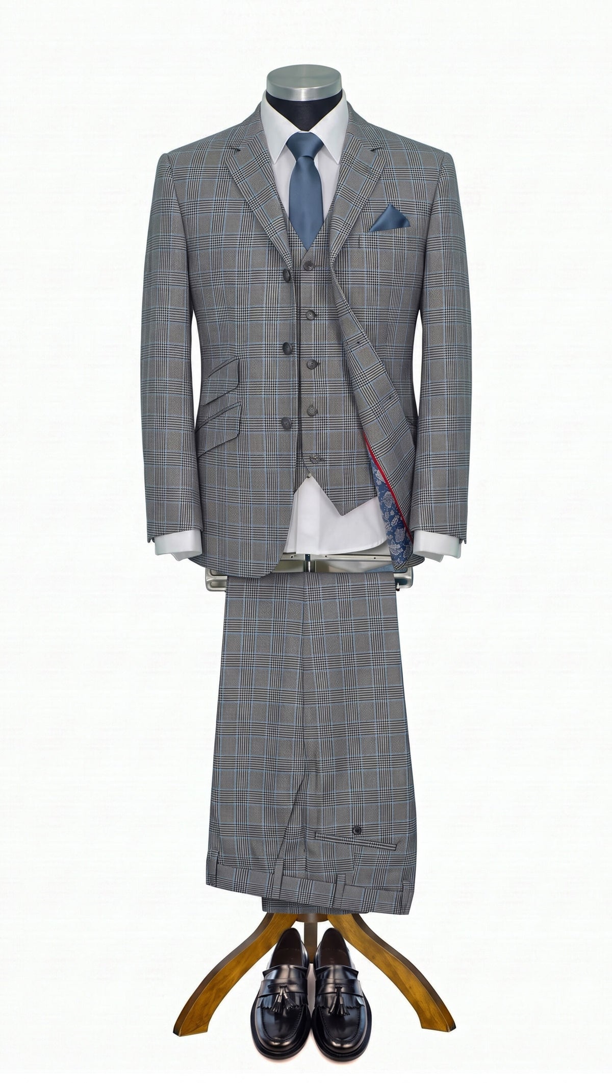 Weller Vintage Blue Grey Prince of Wales 3 Piece Suit for Men