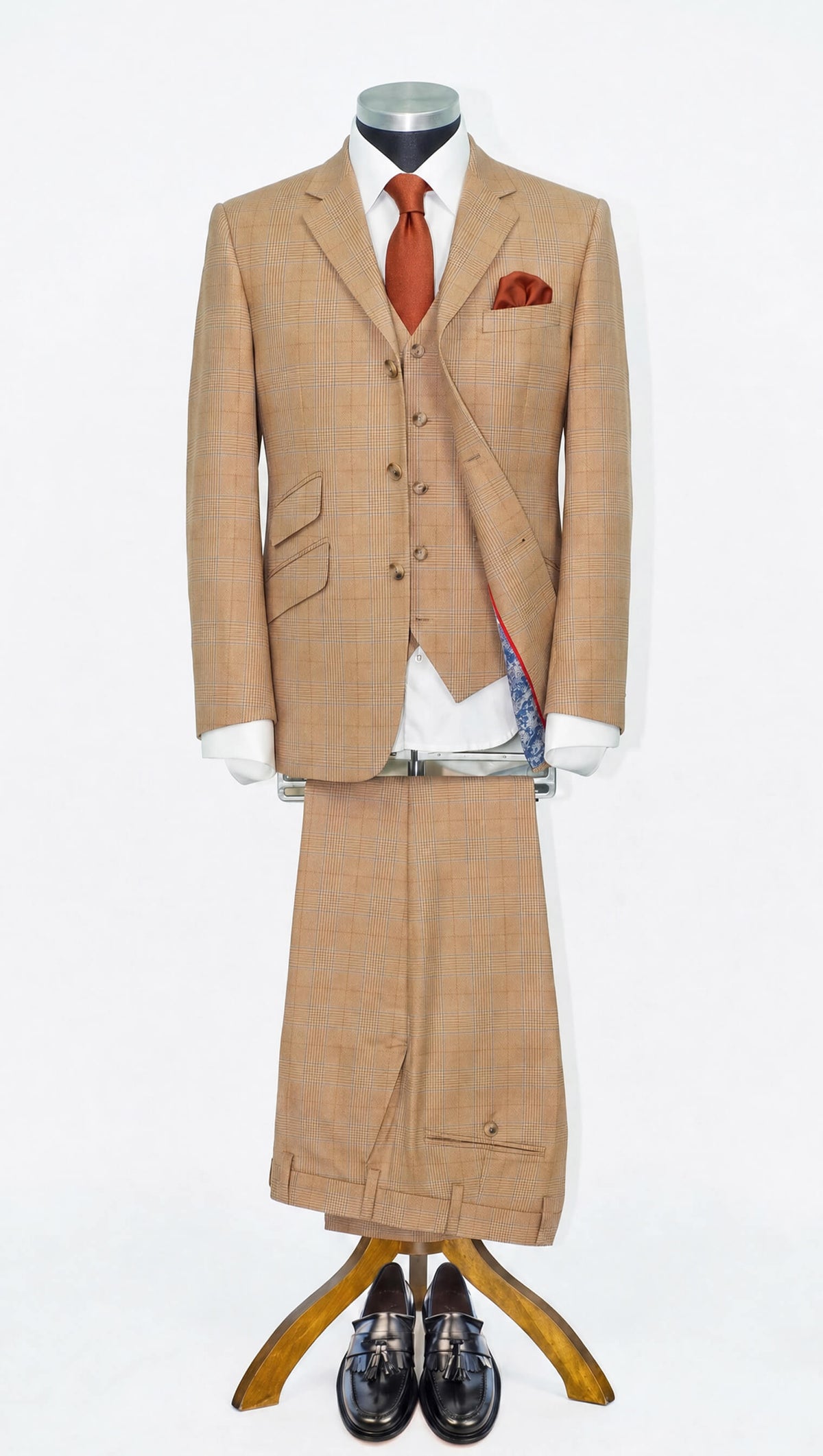 Weller Vintage Dark Beige Prince of Wales 3 Piece Suit for Men