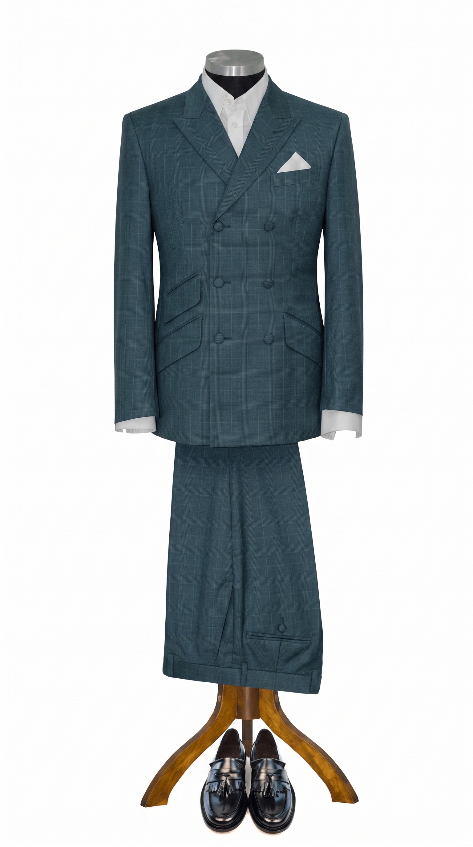 George Harrison Teal Green Prince of Wales check Men's Double Breasted Mod Suit