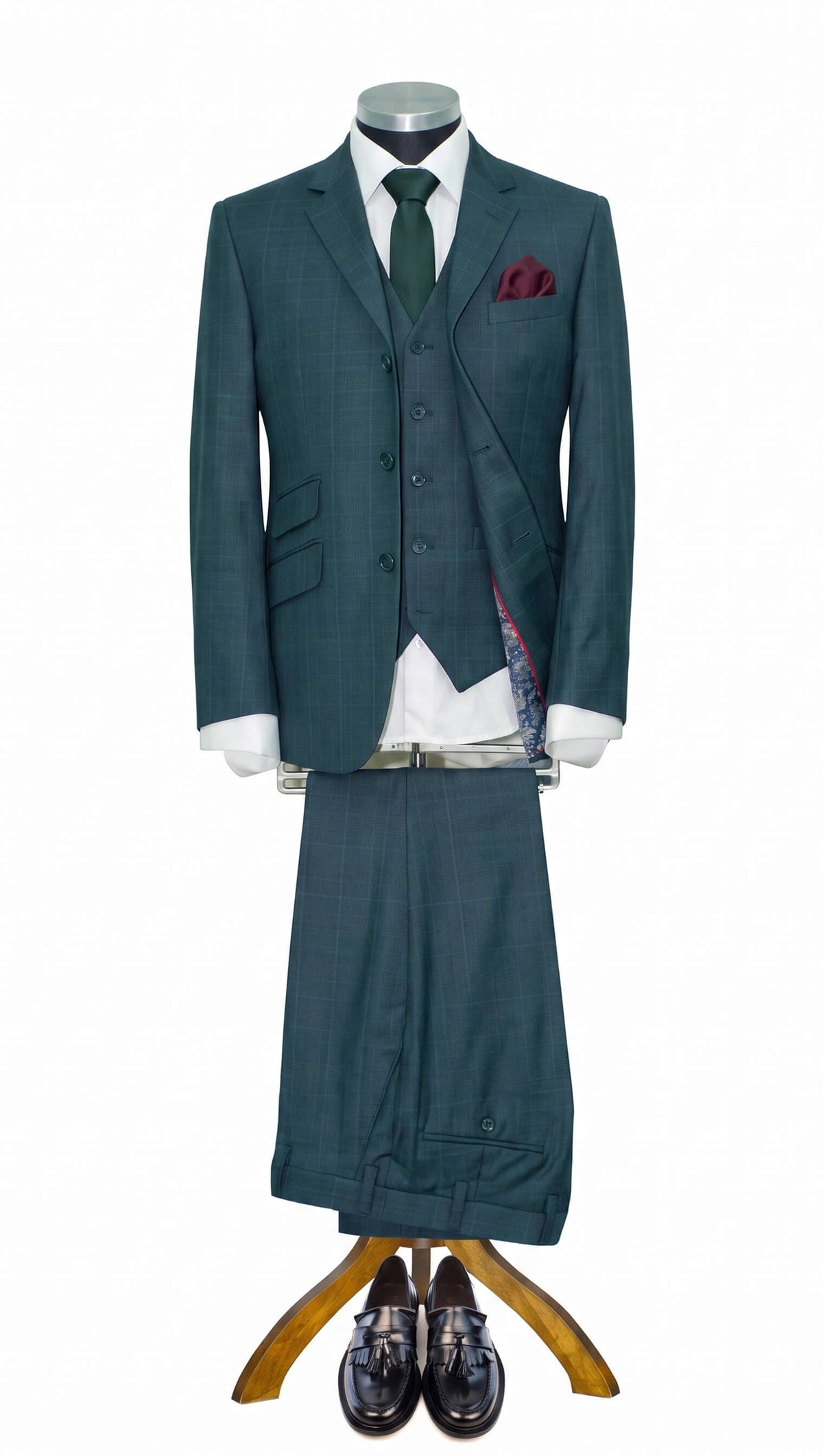 Weller Vintage Teal Green Prince of Wales 3 Piece Suit for Men
