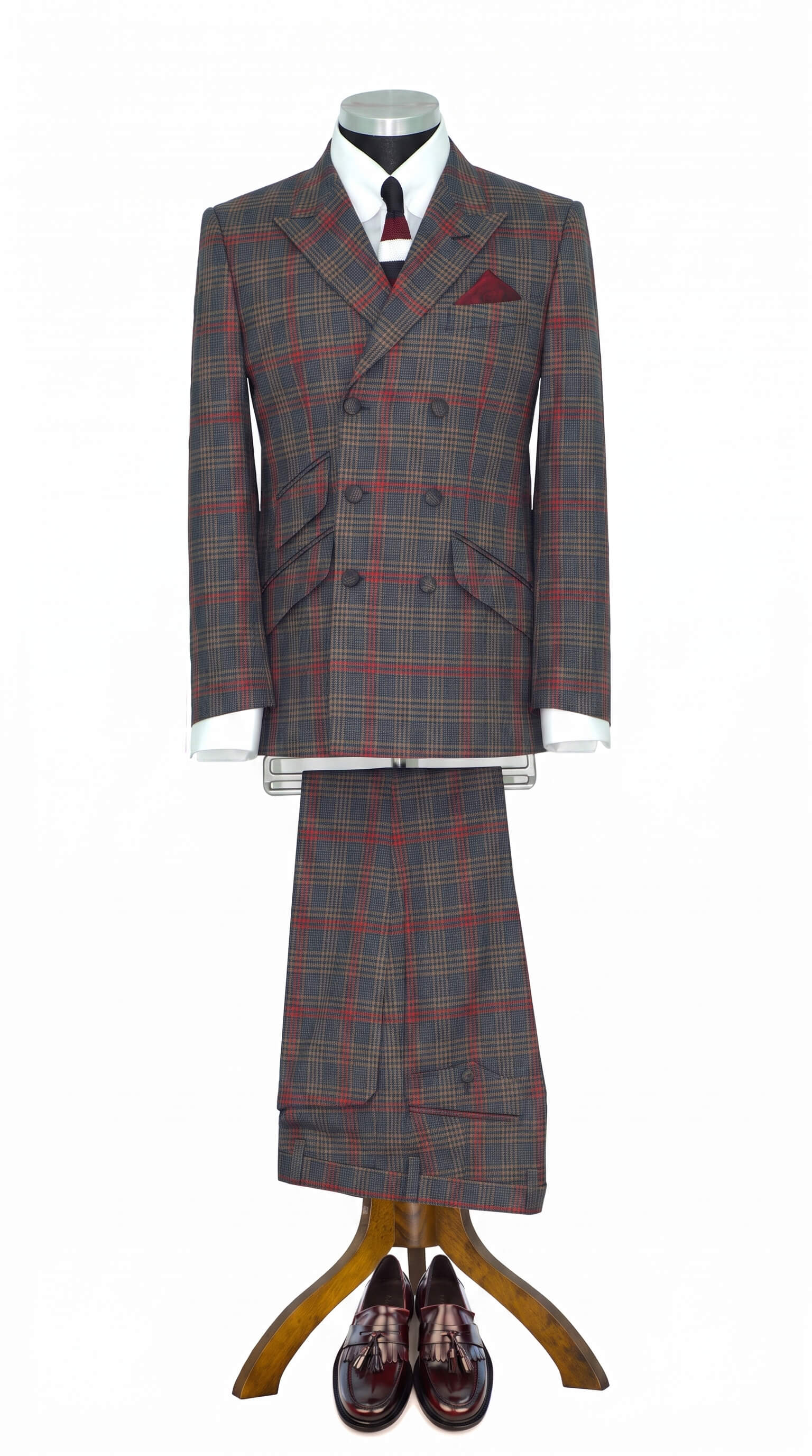 George Harrison Tweed Brown Burgundy Check Prince of Wales Men's Double Breasted Mod Suit
