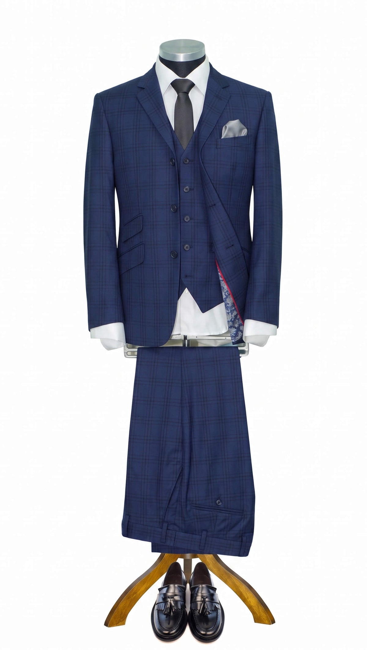 Weller Vintage Window Navy Blue Prince of Wales 3 Piece Suit for Men