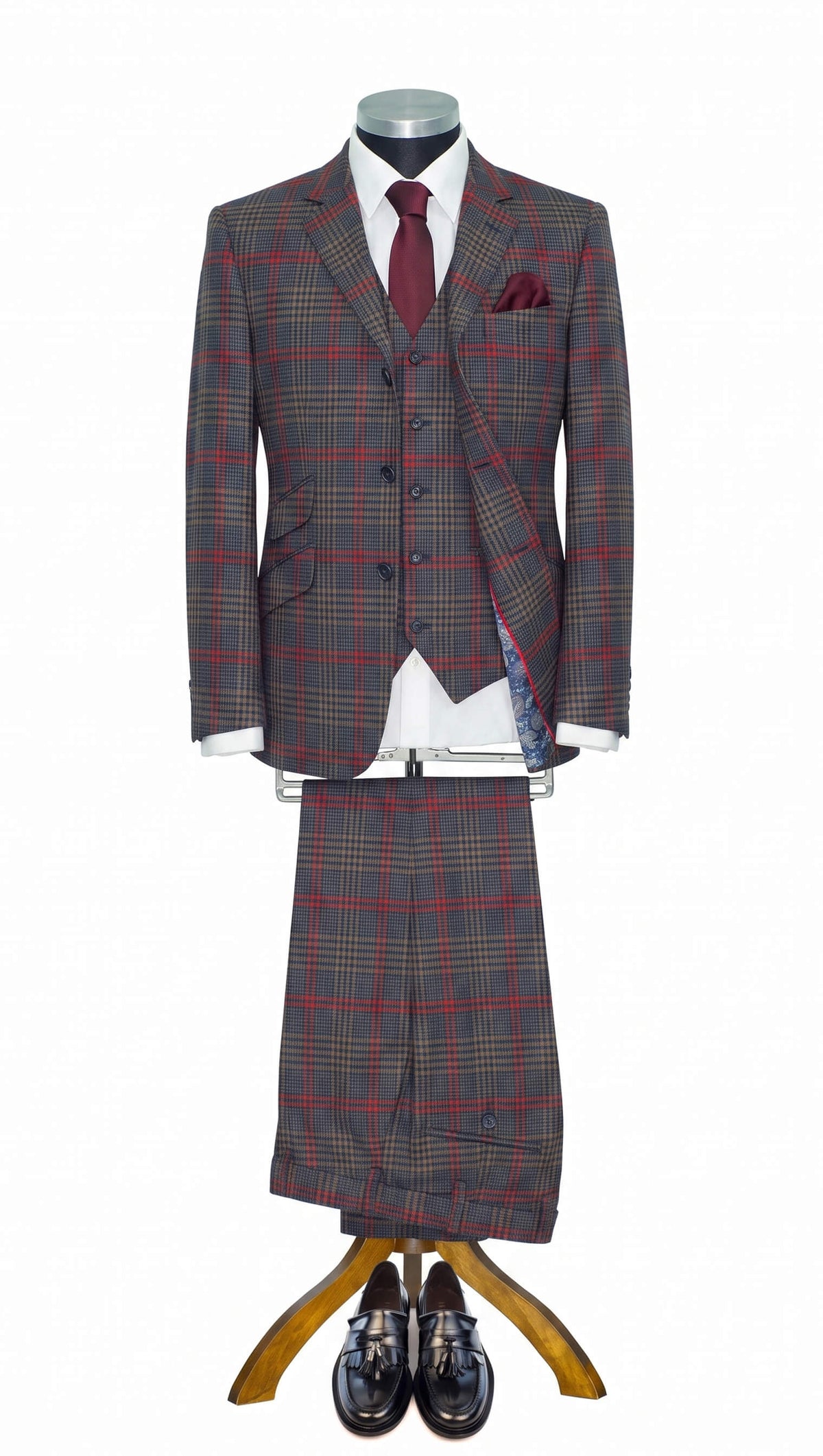 Weller Wool Brown & Burgundy Prince of Wales 3 Piece Suit for Men