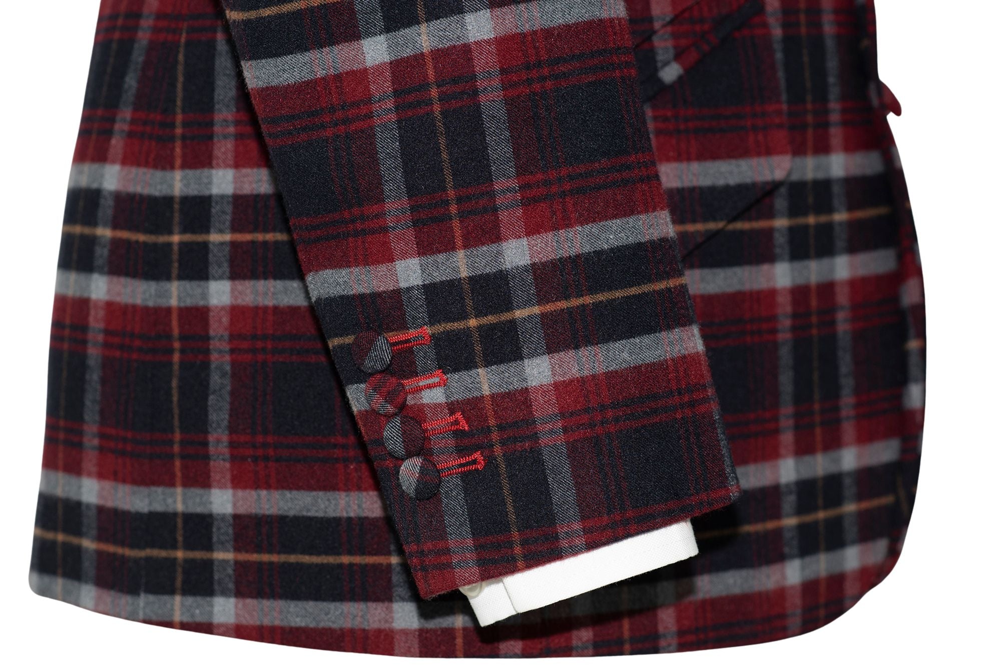 Tommy Moore Red and Navy Tartan Check Peak Lapel 4 Button Mod Blazer