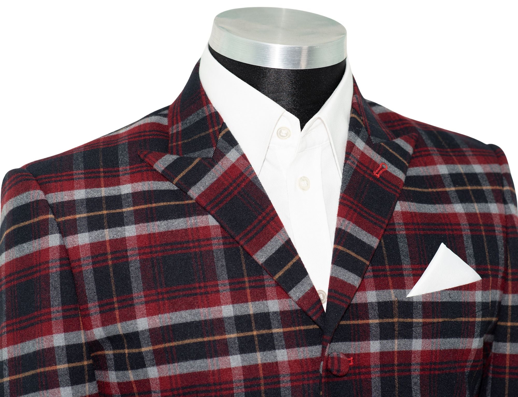 Tommy Moore Red and Navy Tartan Check Peak Lapel 4 Button Mod Blazer