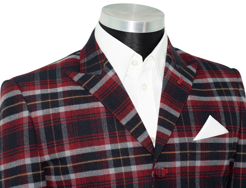 Tommy Moore Red and Navy Tartan Check Peak Lapel 4 Button Mod Blazer
