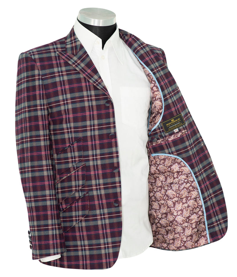 Tommy Moore Multicolor Tartan Check Peak Lapel 4 Button Mod Blazer