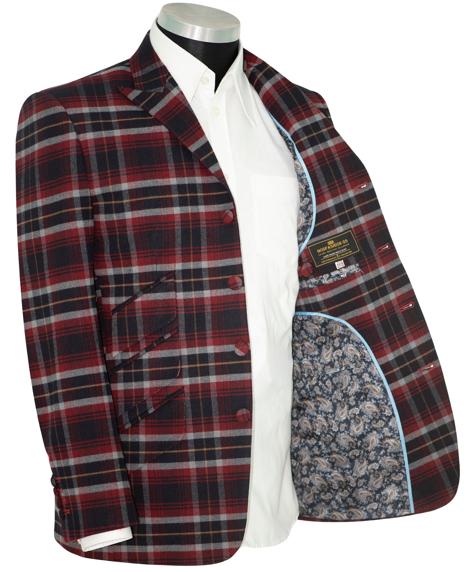 Tommy Moore Red and Navy Tartan Check Peak Lapel 4 Button Mod Blazer