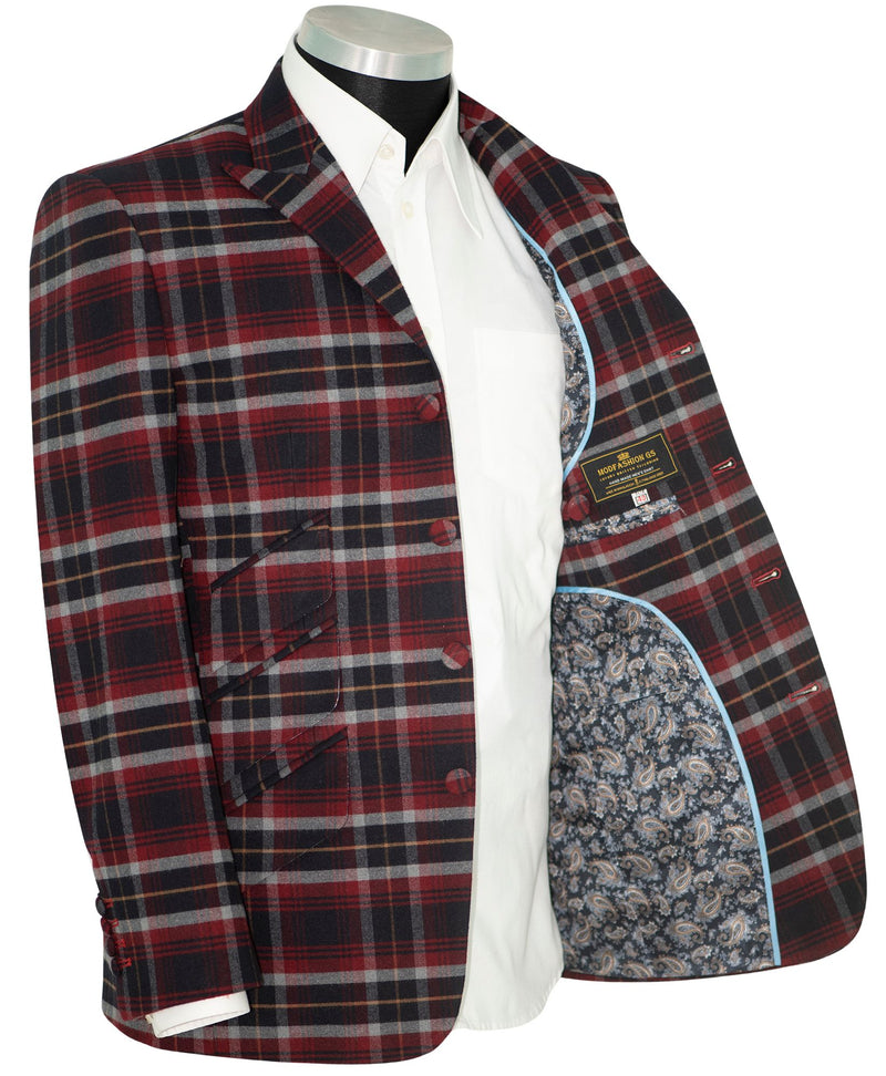Tommy Moore Red and Navy Tartan Check Peak Lapel 4 Button Mod Blazer