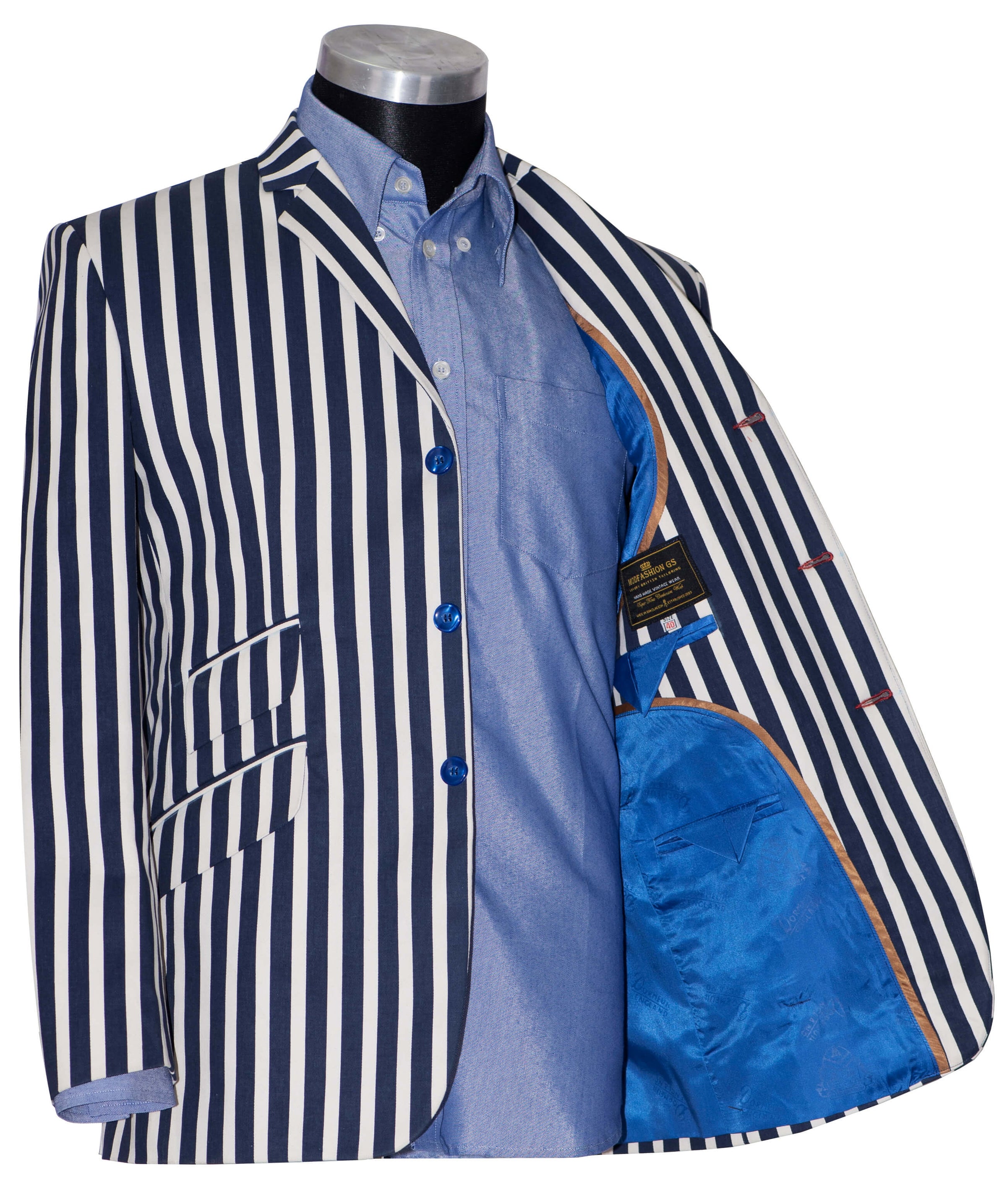 Geoff Foot Navy Bblue & White Striped Boating Mod Blazer