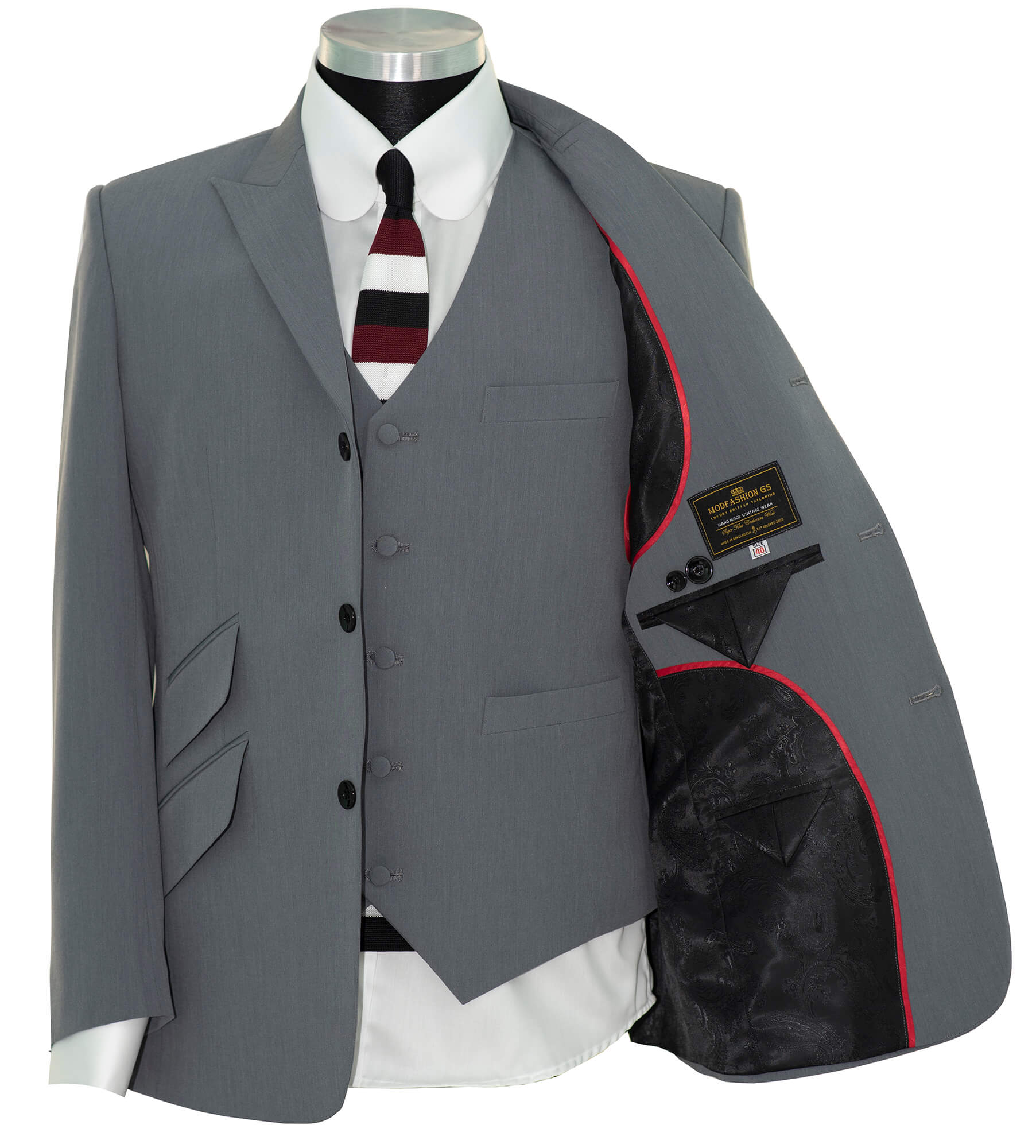 SALE Weller Light Grey Peak Lapel 3 Piece Suit (46 Regular, Trouser 36, I.L.29.5)