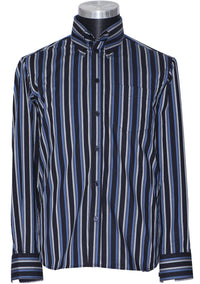 Vintage Classical High Collar Black & Blue Striped Mod Shirt