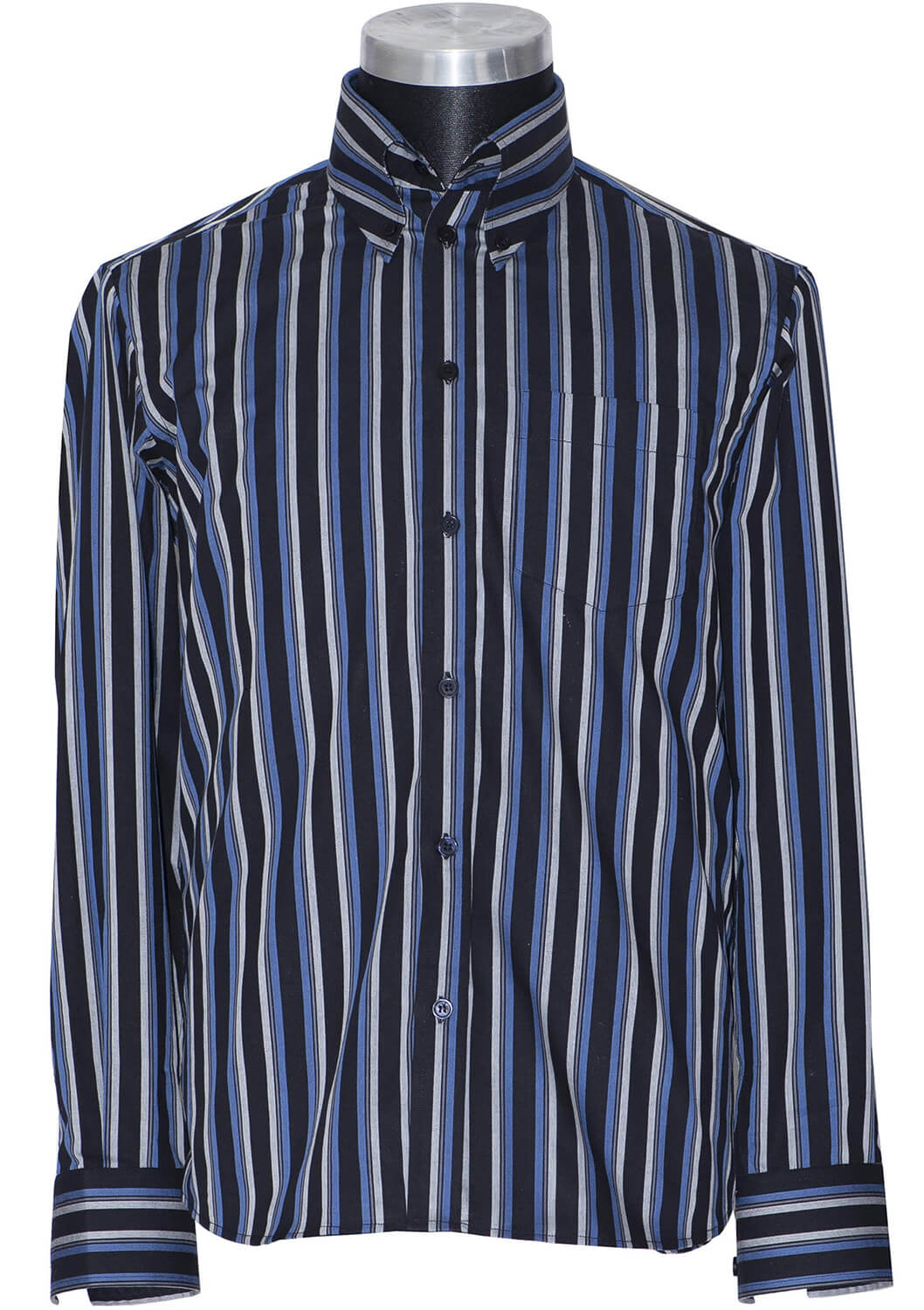 Vintage Classical High Collar Black & Blue Striped Mod Shirt