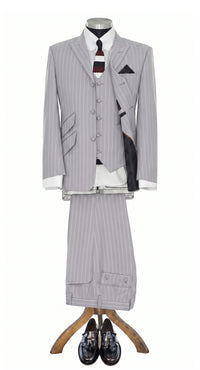 Weller White Pin Stripe in Light Grey Peak Lapel 3 Piece Suit