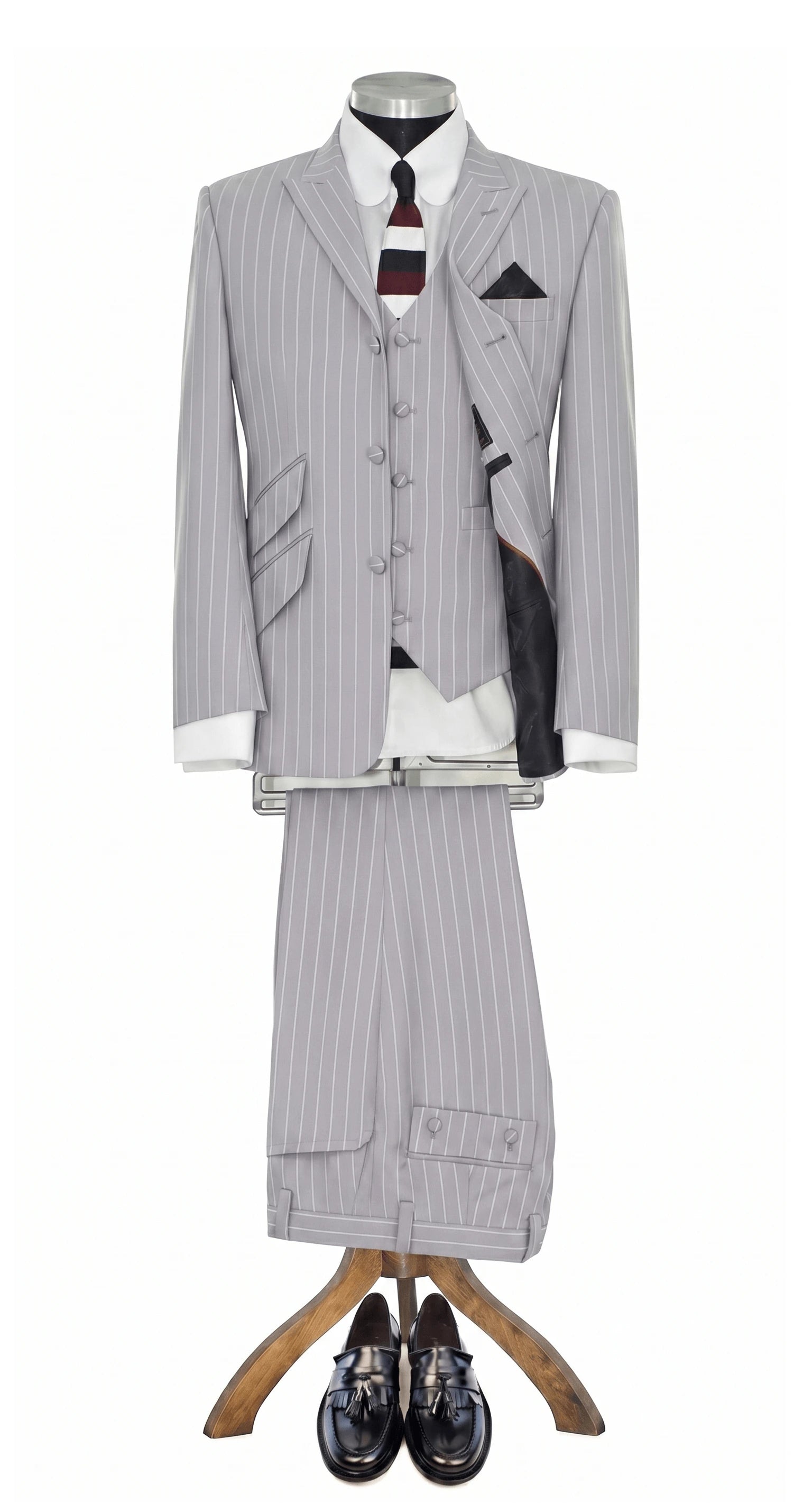 Weller White Pin Stripe in Light Grey Peak Lapel 3 Piece Suit